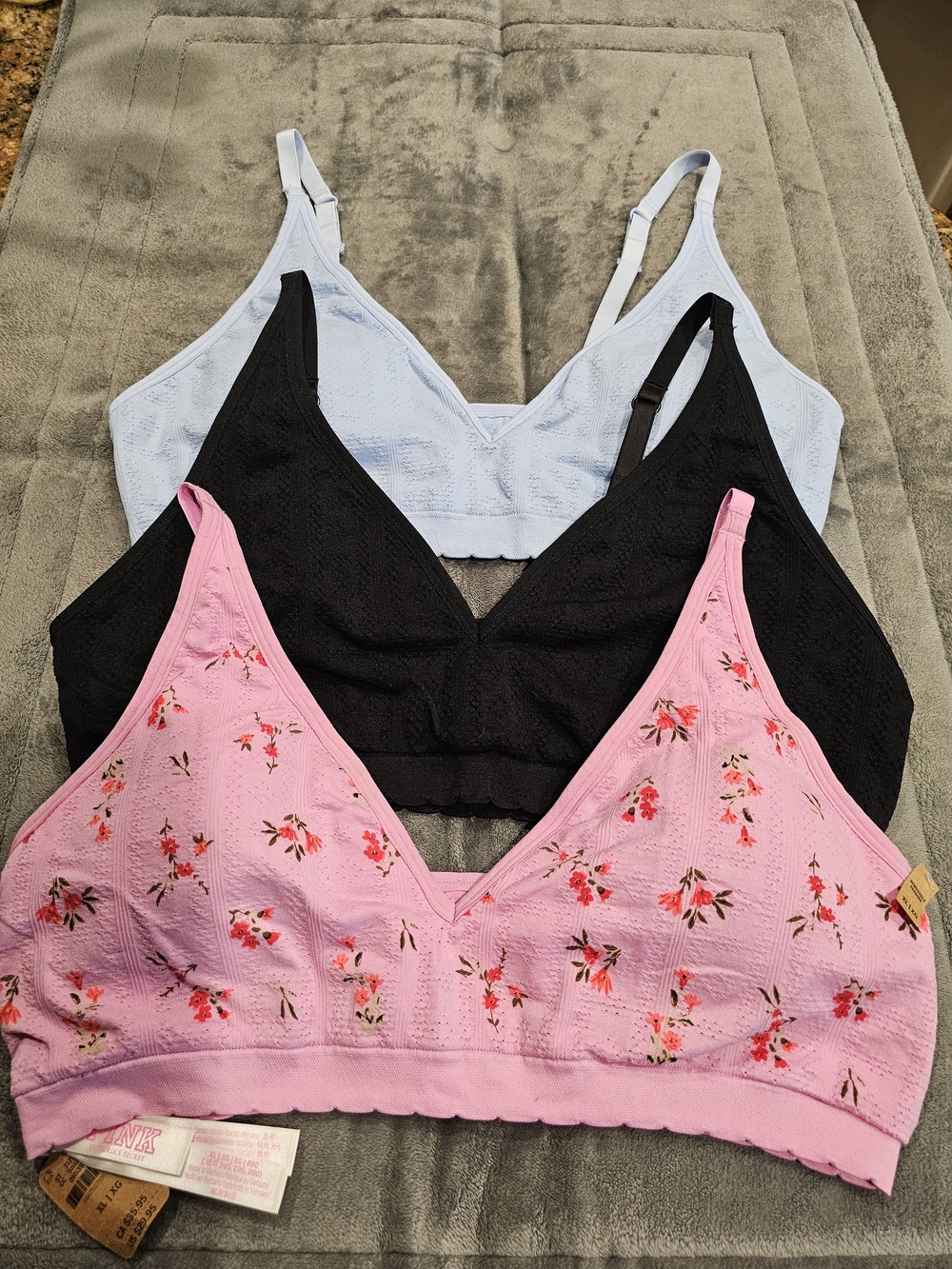PINK Victoria's Secret Floral Pink, Black & Light Blue Bralette Set